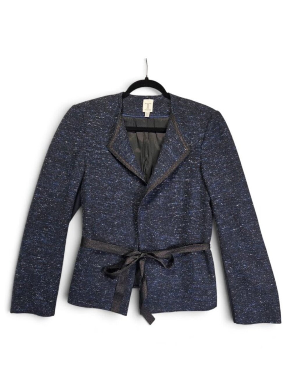 TRISTAN Silk Wool Blend Belted Tweed Women Jacket Blazer Blue Made in Canada XL